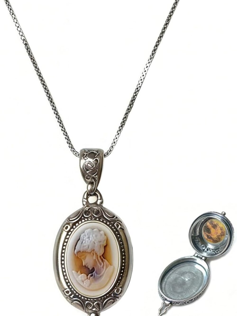 Vintage Cameo Locket Necklace for Women, Secret Compartment Perfume Pillbox